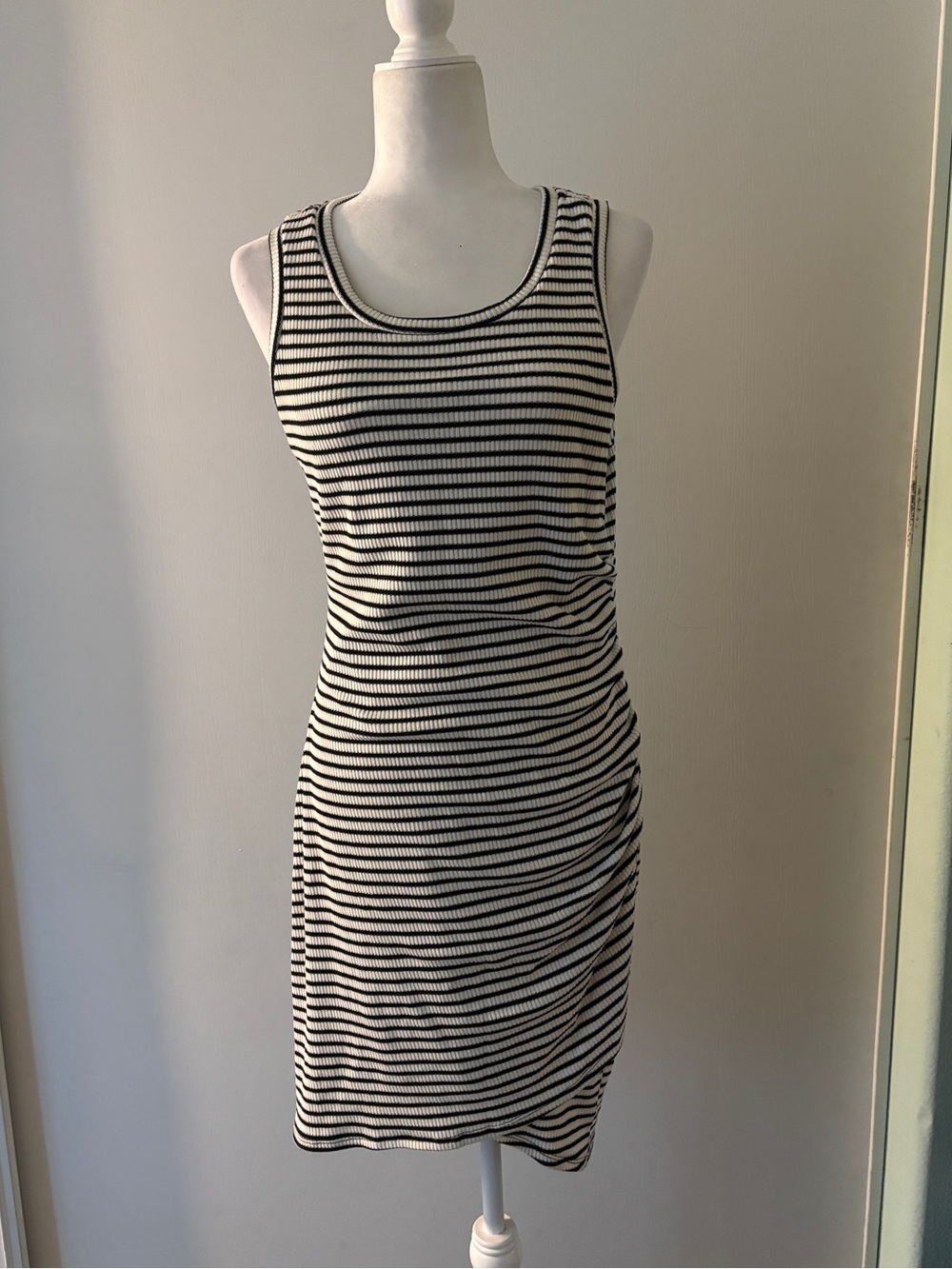 Sleeveless Black and White Striped Ribbed Mini Dress